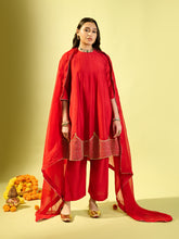 Load image into Gallery viewer, Maroon Shoulder Kali Kurta With Pant And Dupatta