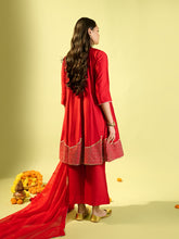 Load image into Gallery viewer, Maroon Shoulder Kali Kurta With Pant And Dupatta