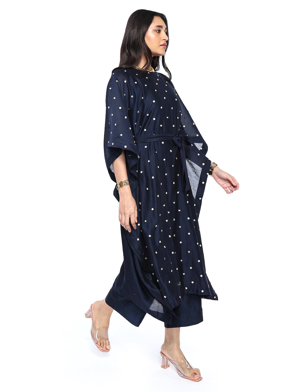 Stella🌃 | Navy Blue Bandhej Print Kaftan Set with Antique Neck Embellishment main image 0
