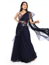 Load image into Gallery viewer, Navy Blue Pre-Draped Saree With Blouse & Belt