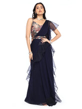 Load image into Gallery viewer, Navy Blue Pre-Draped Saree With Blouse & Belt