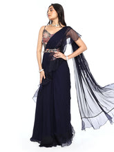 Load image into Gallery viewer, Navy Blue Pre-Draped Saree With Blouse & Belt