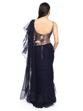 Load image into Gallery viewer, Navy Blue Pre-Draped Saree With Blouse & Belt