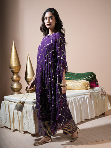 Deep Purple Geometric Jaal Kaftan Set