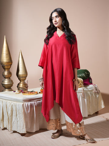 Red Badla/Mukeish Kurta With Lumpi Pants