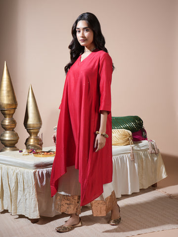 Red Badla/Mukeish Kurta With Lumpi Pants