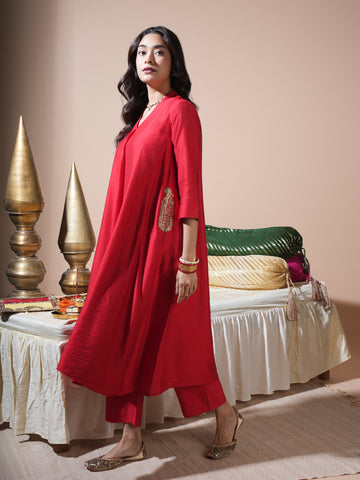 Red Keri Pocket Kurta Set