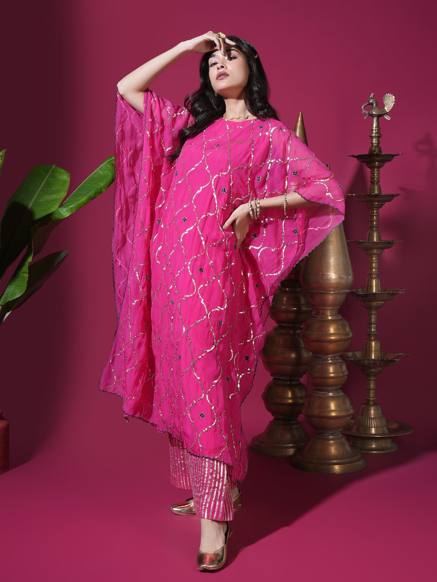 Hot Pink Geometric Jaal Kaftan Set