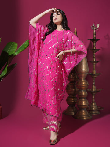 Hot Pink Geometric Jaal Kaftan Set