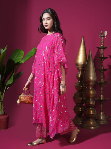 Hot Pink Geometric Jaal Kaftan Set