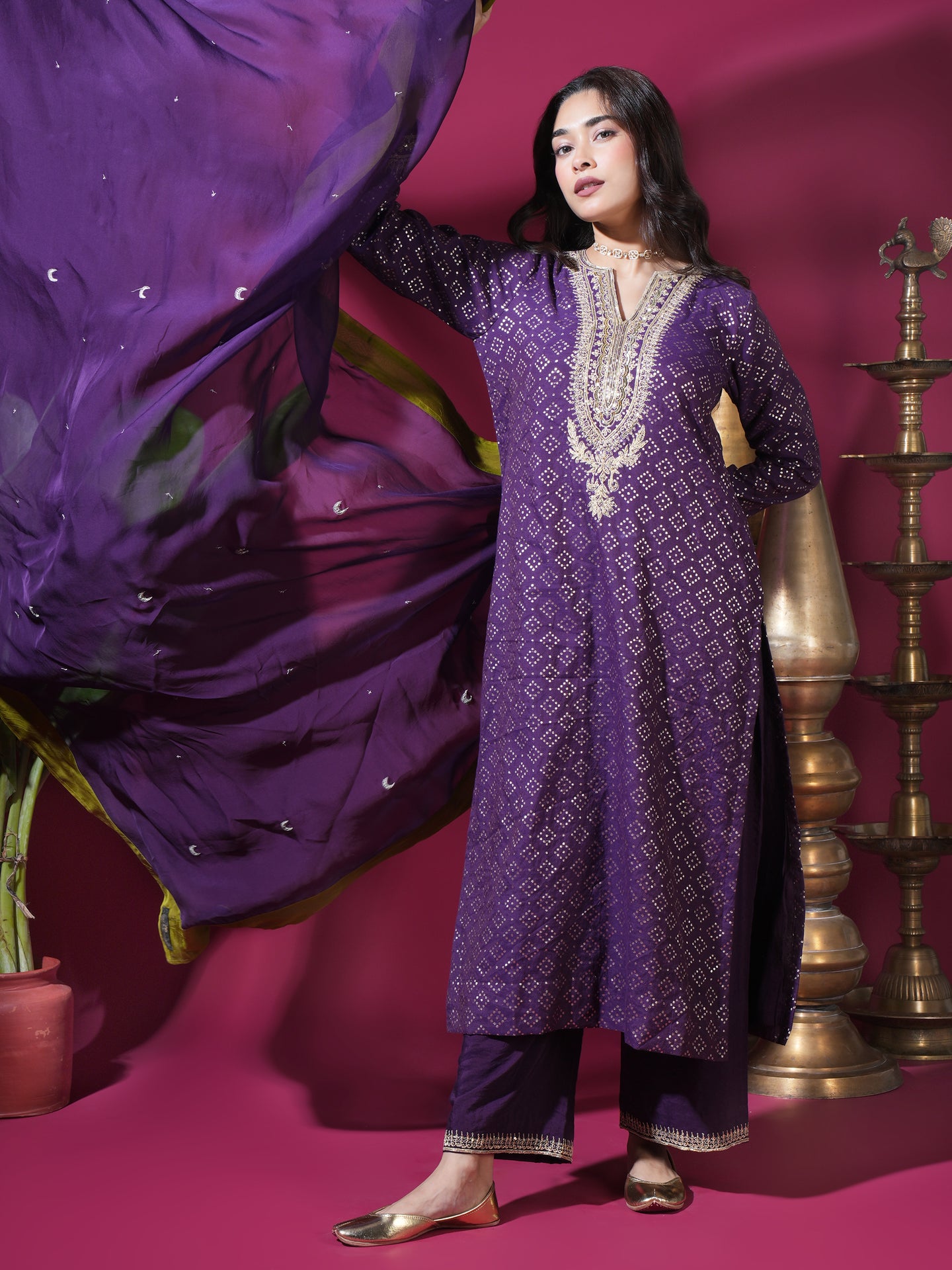 Deep Purple Zari Butta Chand Long Kurta Set