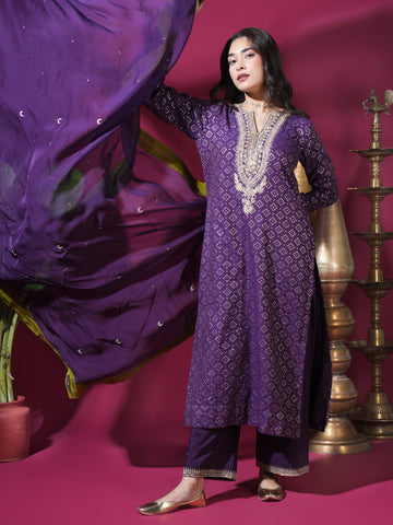 Deep Purple Zari Butta Chand Long Kurta Set
