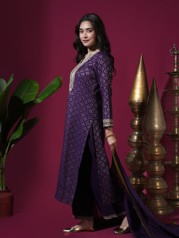 Deep Purple Zari Butta Chand Long Kurta Set