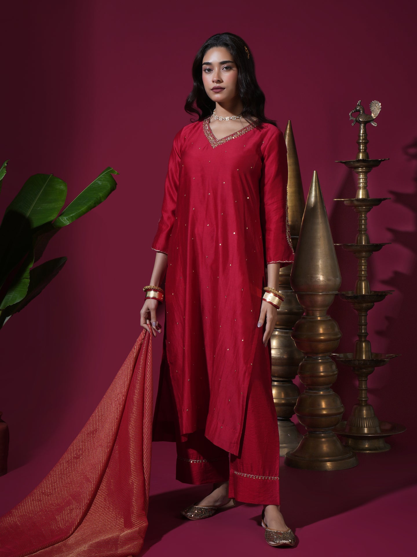 Red Asopalav Long Kurta Set