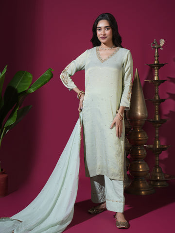 Sage Green Asopalav Leaf Stripe Kurta Set
