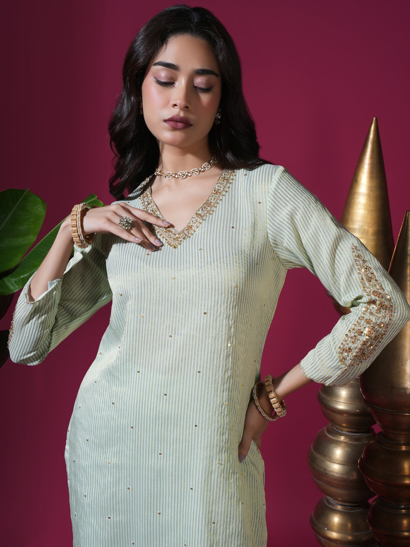 Sage Green Asopalav Leaf Stripe Kurta Set