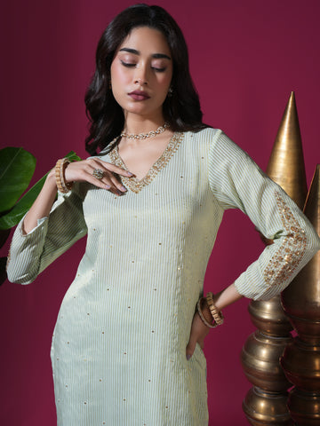 Sage Green Asopalav Leaf Stripe Kurta Set