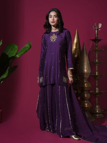 Deep Purple Flower Short Kurta Badla Palazzo Set