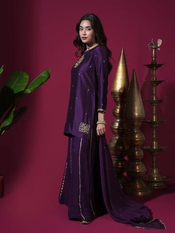Deep Purple Flower Short Kurta Badla Palazzo Set
