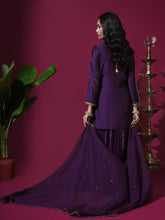 Load image into Gallery viewer, Deep Purple Flower Short Kurta Badla Palazzo Set
