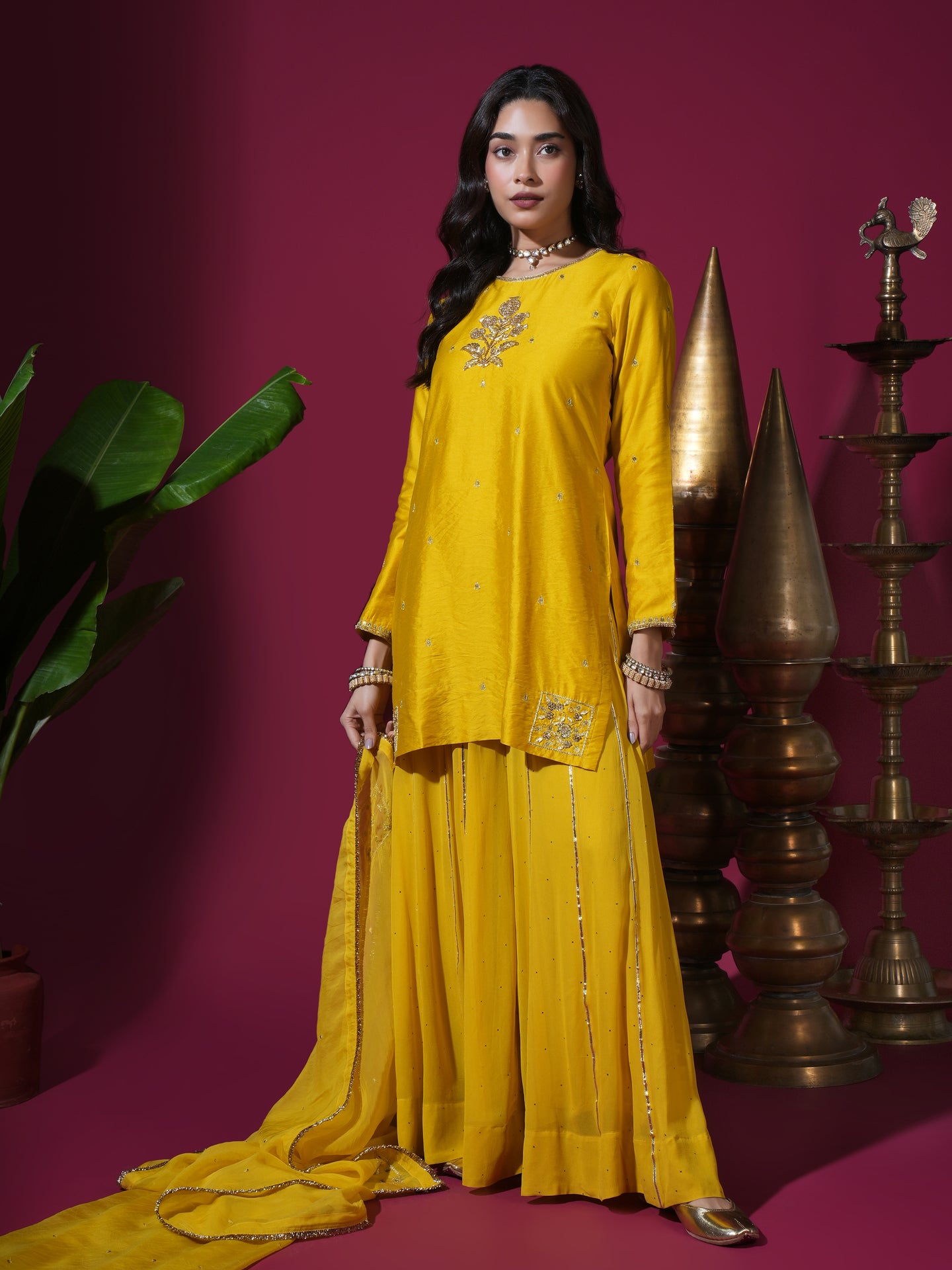 Mustard Flower Short Kurta Badla Palazzo Set