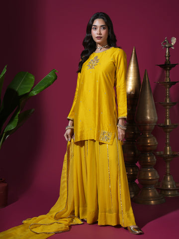 Mustard Flower Short Kurta Badla Palazzo Set