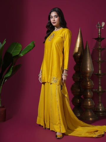 Mustard Flower Short Kurta Badla Palazzo Set