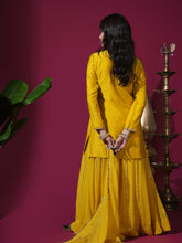 Load image into Gallery viewer, Mustard Flower Short Kurta Badla Palazzo Set
