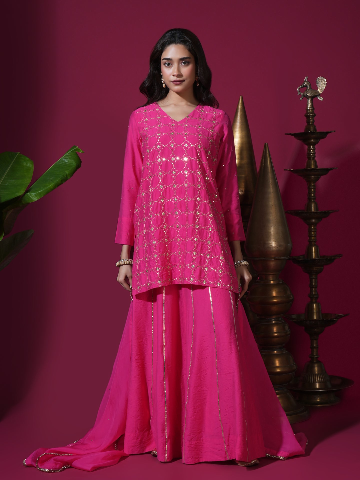 Pink Geometric Jaal Short Kurta Palazzo Set