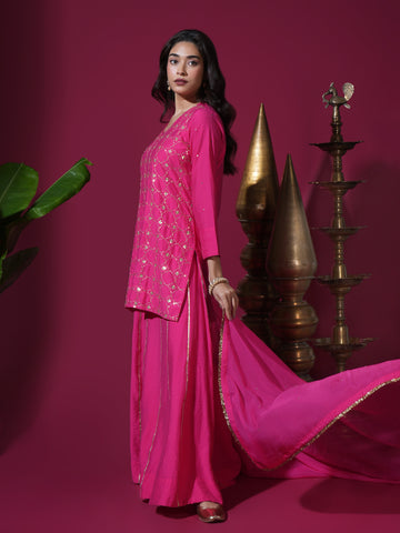 Pink Geometric Jaal Short Kurta Palazzo Set