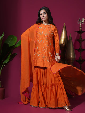 Orange Floral Jaal Kurta Garara Set