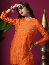 Load image into Gallery viewer, Orange Floral Jaal Kurta Garara Set
