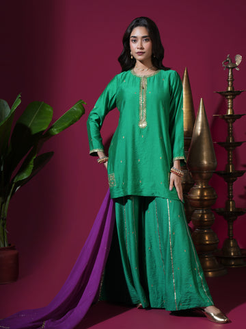 Green Palazzo Kurta With Contrast Dupatta