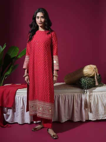 Red Sequence Long Kurta Set