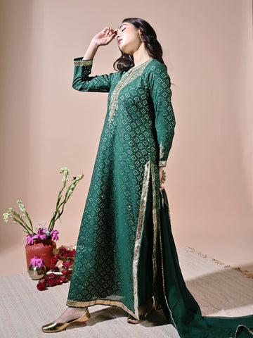 Bottle Green Zari Butta Kaftan Kurta Set