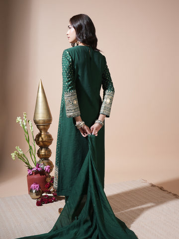 Bottle Green Sequence Long Kurta Set