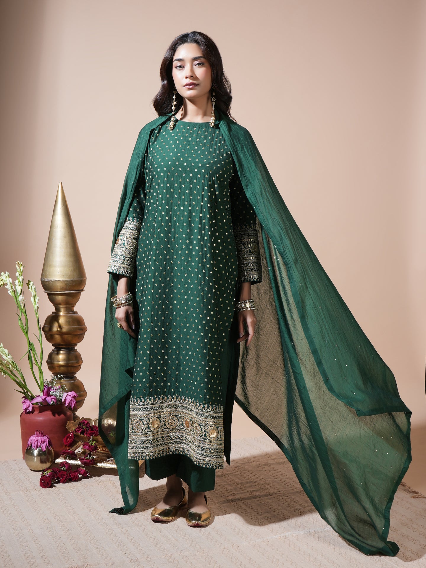 Bottle Green Sequence Long Kurta Set