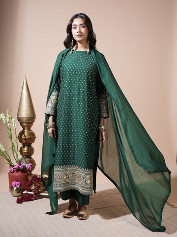 Bottle Green Sequence Long Kurta Set
