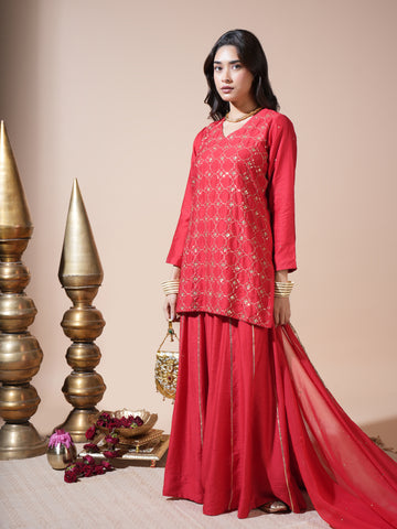 Red Geometric Jaal Short Kurta Palazzo Set