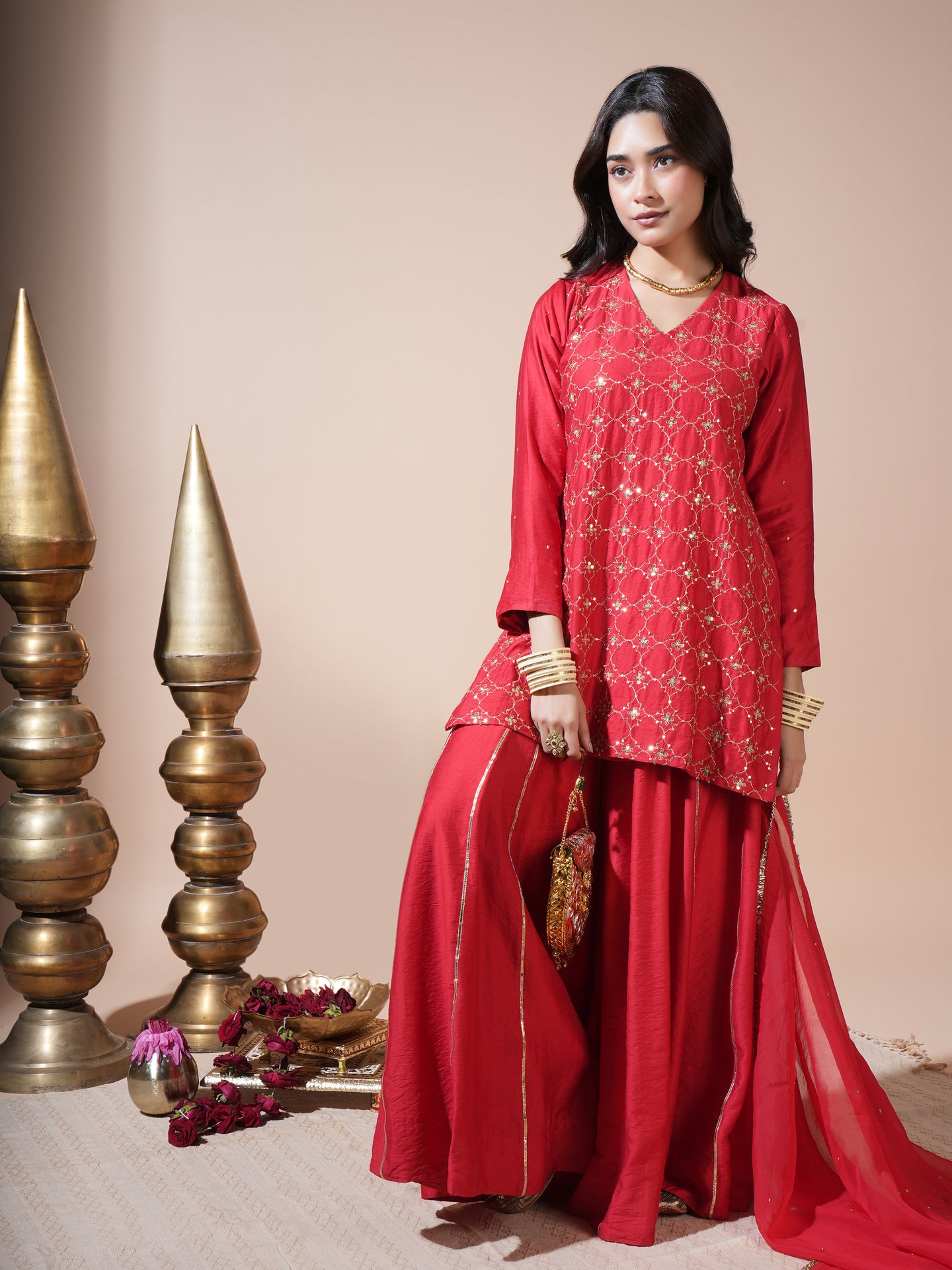 Red Geometric Jaal Short Kurta Palazzo Set