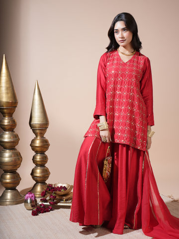 Red Geometric Jaal Short Kurta Palazzo Set