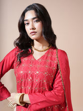 Load image into Gallery viewer, Red Geometric Jaal Short Kurta Palazzo Set
