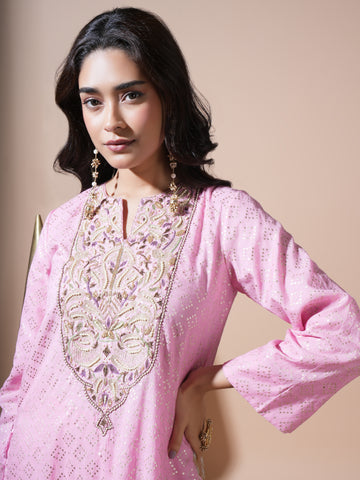 Pink Zari Butta Kaftan Kurta Set