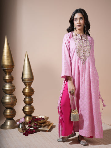 Pink Zari Butta Kaftan Kurta Set