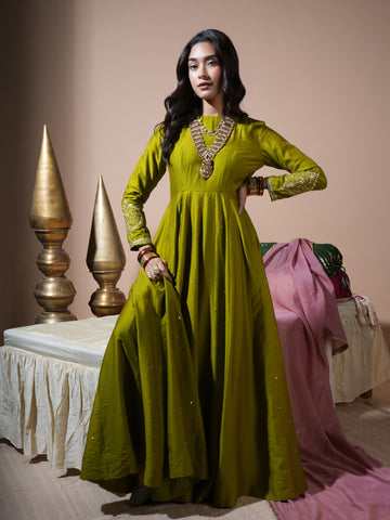 Mehandi Green Paan Anarkali With Rose Dupatta