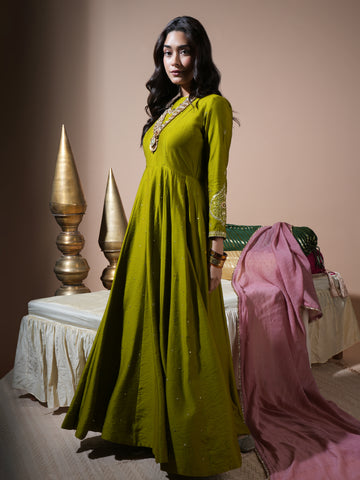 Mehandi Green Paan Anarkali With Rose Dupatta