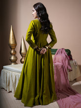 Load image into Gallery viewer, Mehandi Green Paan Anarkali With Rose Dupatta
