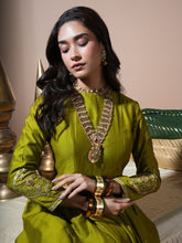 Load image into Gallery viewer, Mehandi Green Paan Anarkali With Rose Dupatta
