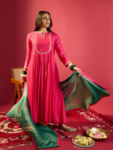Hot Pink U Yoke Gathered Kurta Set