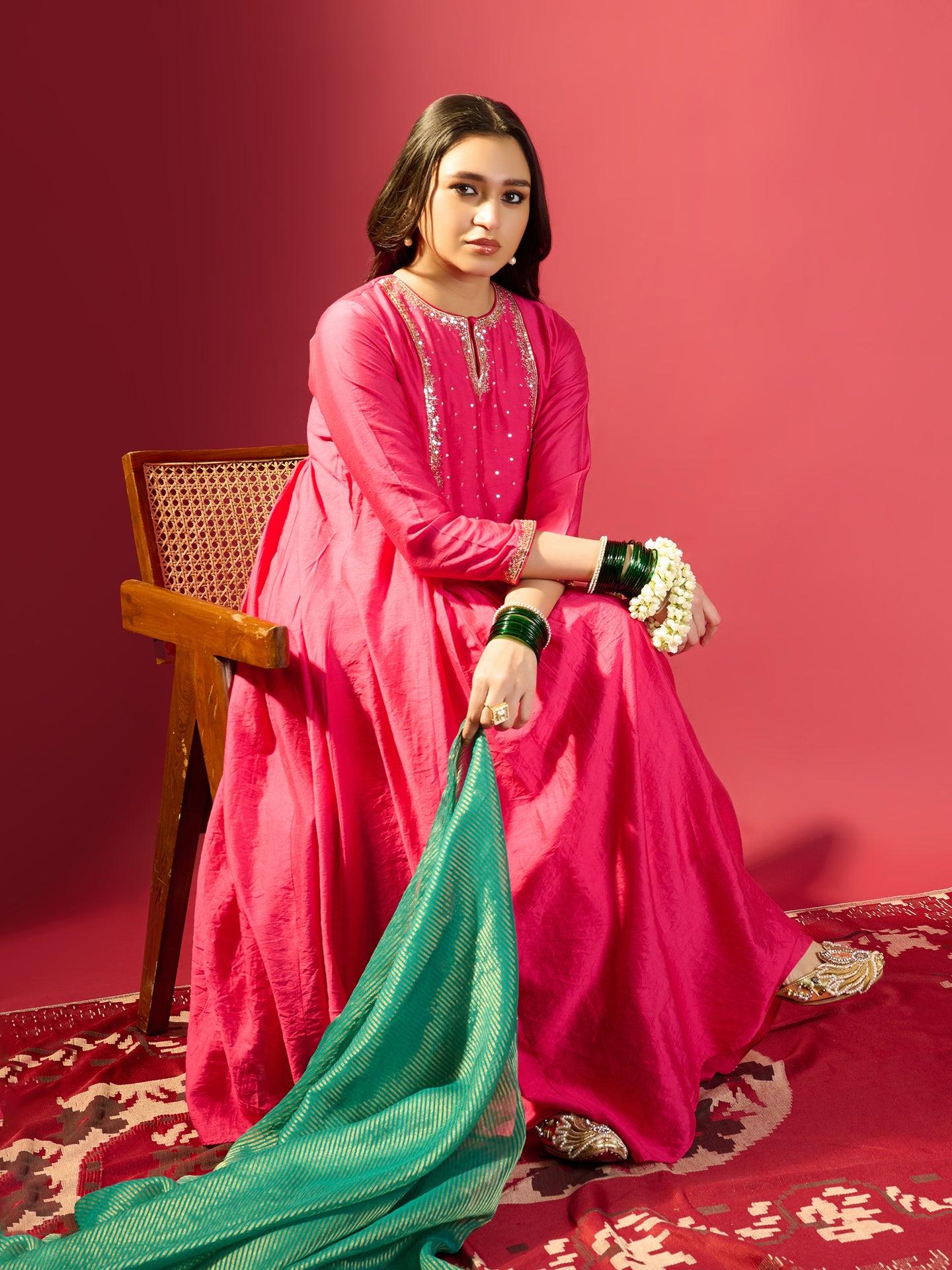 Hot Pink U Yoke Gathered Kurta Set